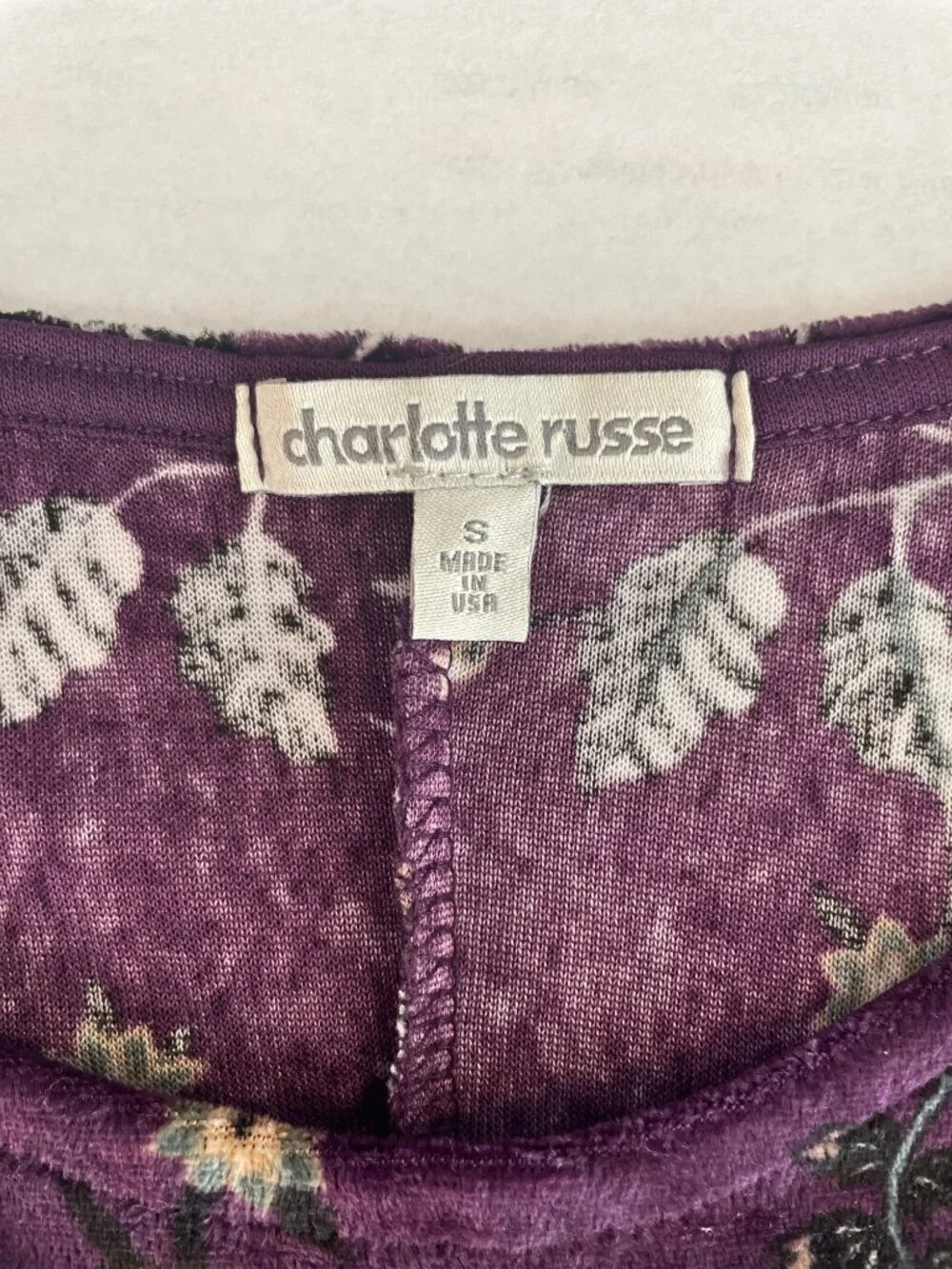 Charlotte Russe Purple Floral Velvet Bell Sleeve Boho Mini Dress Size Small